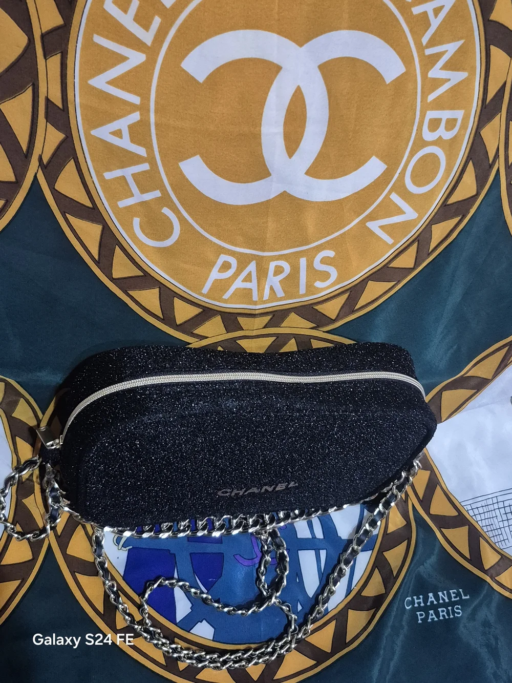 CHANEL Black Glitter Chain Crossbody Bag